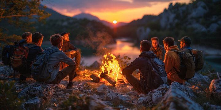 Friends gathered around a glowing campfire on a summer evening, surrounded by nature's beauty.
