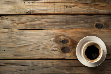 Top view cup of black coffee. Hot drink on wooden table. Generative AI.