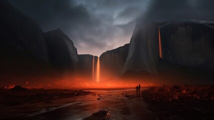 A surreal interpretation of El Capitan and Bridal Veil Falls, surrounded by an otherworldly glow. - obrazy, fototapety, plakaty