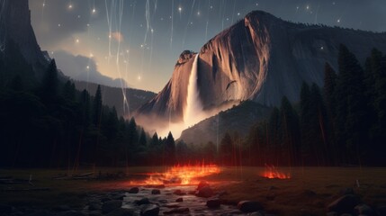 A surreal interpretation of El Capitan and Bridal Veil Falls, surrounded by an otherworldly glow. - obrazy, fototapety, plakaty