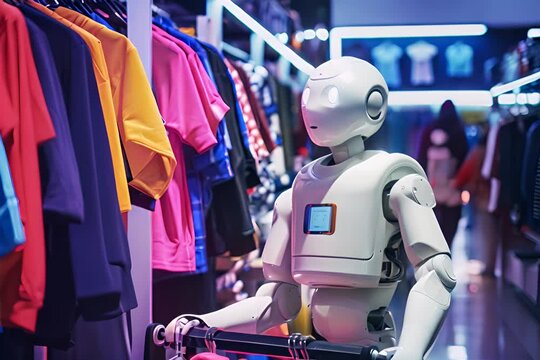 robot at a fashion store checkout scanning clothes