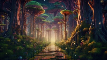 A surreal digital forest with trees made of shimmerin.