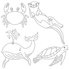 Outline Aquatic Animals Clipart Set. whale, otter, crab, sea turtle