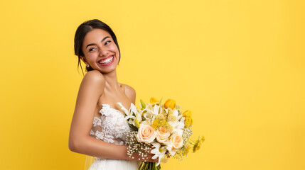 Noiva de vestido branco segurando um buque de flores isolada no fundo amarelo - obrazy, fototapety, plakaty