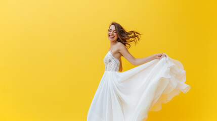 Noiva feliz de vestido branco isolada no fundo amarelo - obrazy, fototapety, plakaty
