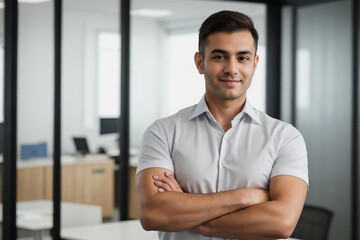 Handsome businessman standing with arms crossed, smiling and looking at the camera, standing against blurred bright office background with copy space.