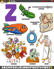 Letter Z set with cartoon objects and characters
