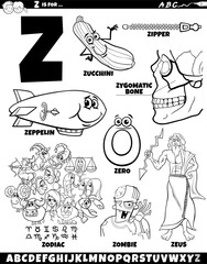 Letter Z set with cartoon objects and characters coloring page