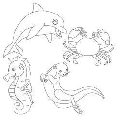 Outline Aquatic Animals Clipart Set. dolphin, seahorse, otter, crab