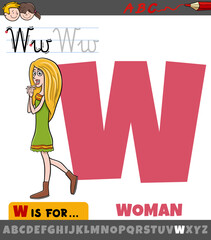 letter W from alphabet with cartoon woman character