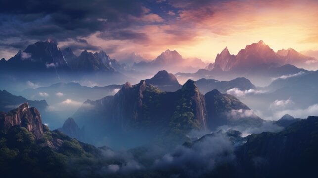 A stunning image of a futuristic landscape featuring towering mountains and ethereal clouds blending in perfect harmony.