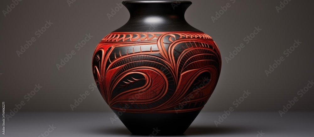 Poster a close-up image focusing on a vase with intricate red and black designs on its surface