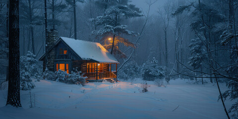 Enchanted Winter Wonderland Cozy Cabin Nestled in Snowy Forest Under Starry Night Sky