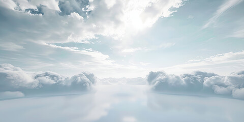 Blue fantastic 3d clouds on the floor, sky and landscape. Gentle colors and with bright lights.AI Generative