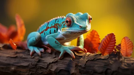Selbstklebende Fototapeten Colorful chameleon in natural habitat with copy space, exotic wildlife photography © chelmicky