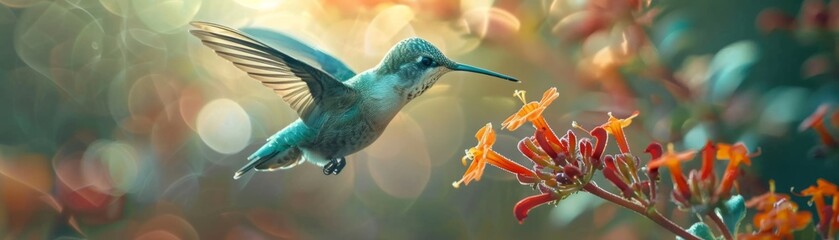 Flying hummingbird sucking nectar from bloom in the forest. Bird behaviour - obrazy, fototapety, plakaty