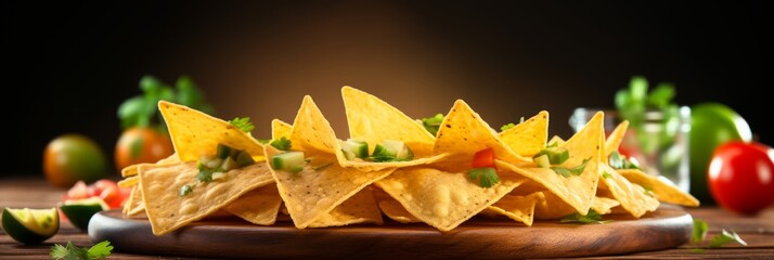 Tortilla chips and guacamole platter with copy space for text banner, mexican cuisine snack