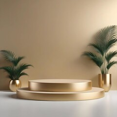 Obraz premium Podium 3D gold cosmetic platform nature beige display for advertisement. Pedestal podium product green scene render stand.
