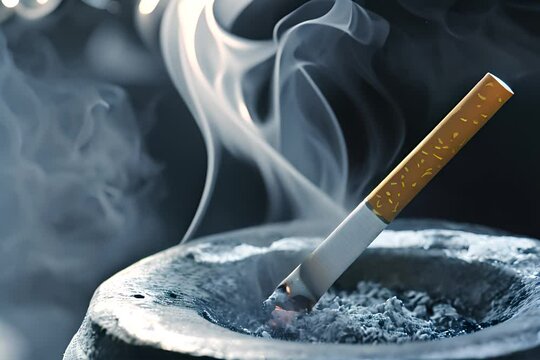 closeup of a lit cigarette in an outdoor ashtray, smoke rising