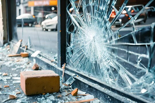 closeup of a shattered store window with a brick nearby