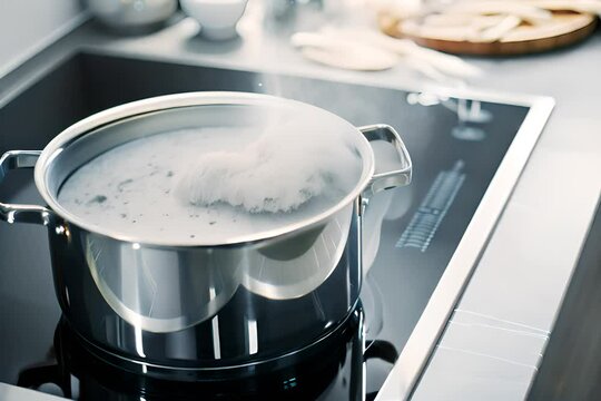 boiling water in metal pot on induction cooktop