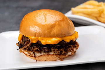 variety of vegan and vegetarian beef burgers casserole with onion cucumber dressings tomato chedar cheese lettuce mayonnaise mustard ketchup barbecue legumes with potato bread and French fries 