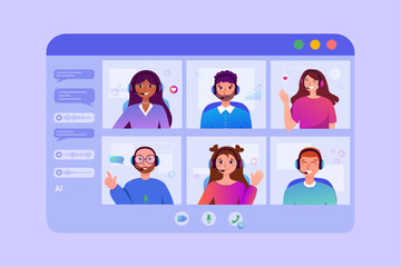 Video conference. Cartoon group of colleagues in virtual team chat work online call center online in flat vector style