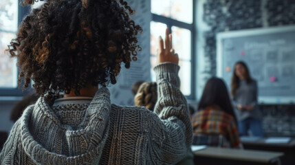 Fototapeta na wymiar A student in a classroom is raising their hand.