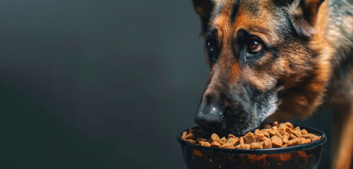 German Shepherd over a bowl of dog food, on a black background. - obrazy, fototapety, plakaty