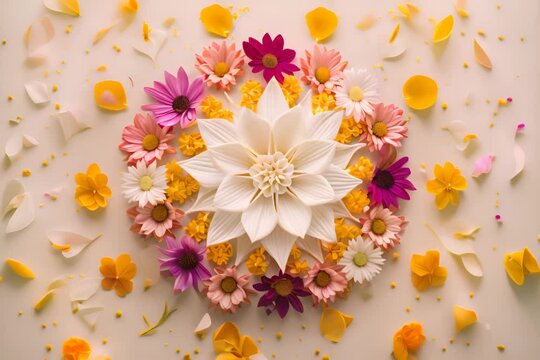 overhead shot of mandala made from natural flowers