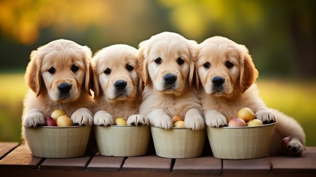 Cute little golden retrievers and labradors playing with copy space for text on image
