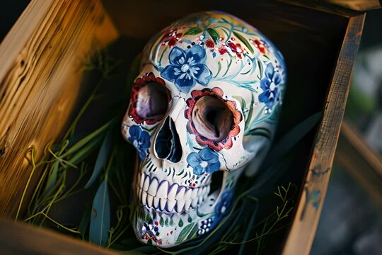 painted skull with bluebonnets placed in a wooden box