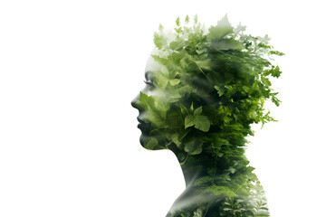 Environment, Unity with nature. Image of a woman is mixed with the image of a forest and mountains. 