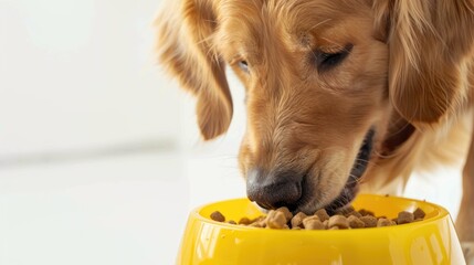 Golden retriever eating dog food from a bowl, light background