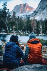Two people sit by a serene lake, enjoying a vibrant sunset on the mountain peaks, reflecting on nature's majestic beauty