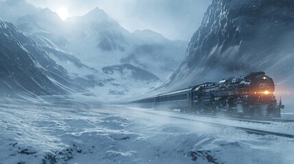 Futuristic trains glide through a pristine snowscape, where technology meets the tranquility of nature