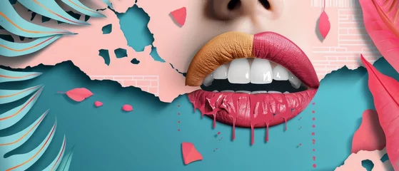 Fotobehang A grunge collage banner with a mouth announcing a crazy promotion. Doodle elements on a retro poster design. Modern advertising poster design with space for text. © Mark
