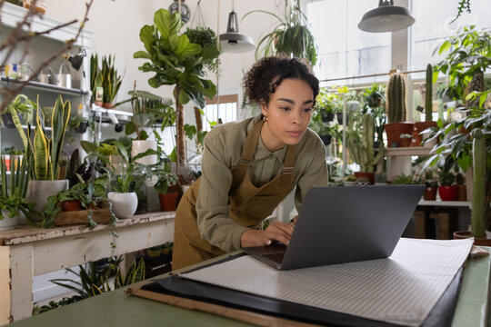 Young entrepreneur using a laptop computer in her small business plant shop