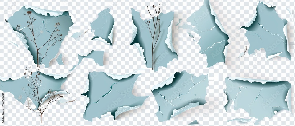 Poster blue pieces of paper on a transparent background. organic edge blobs. modern torn shapes.