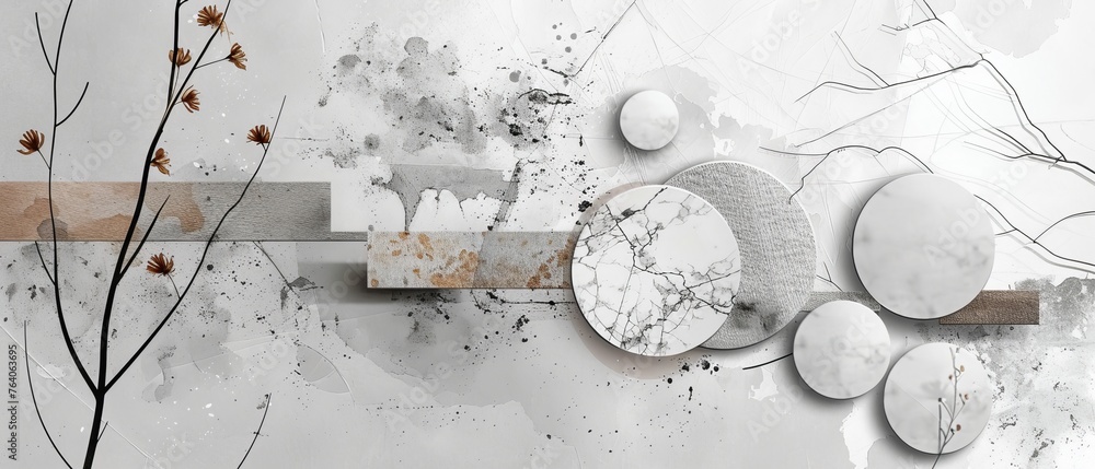Poster simple grid template with round frames for photo collages. modern mood board. a gray background with