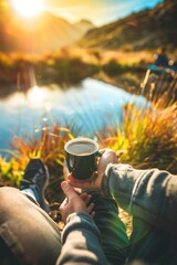 A person enjoying a hot beverage by a serene lake with mountains and sunlight reflecting on water