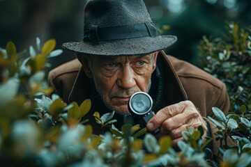 An older man, styled as a detective, is investigating with a magnifying glass among foliage