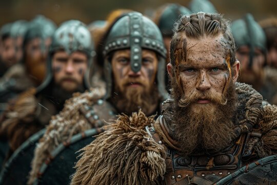 Intense close-up of Viking warriors in historical costumes with determined expressions