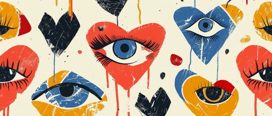 Art with hearts and eyes for Valentine's day. Modern paper with halftone texture for this odd art style. - obrazy, fototapety, plakaty