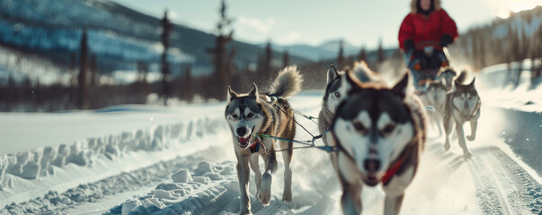 Husky sled dog racing in the winter forest. Siberian husky dogs pull sled with musher.
