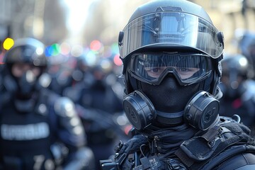 Riot police in full gear stand guard during a demonstration, with focus on helmets and shields, depicting law enforcement and public safety - obrazy, fototapety, plakaty