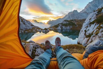 From within an orange tent, a mesmerizing view of a sunrise over a mirror-like mountain lake unfolds