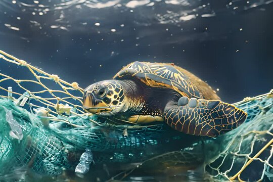 turtle entangled in a fishing net with plastic debris