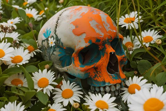 skull with orange and blue paint, lying on a bed of daisies