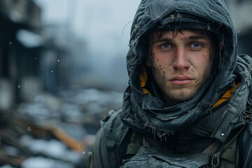 A man with a piercing gaze wearing a hooded jacket stands in a ruinous environment with debris - obrazy, fototapety, plakaty